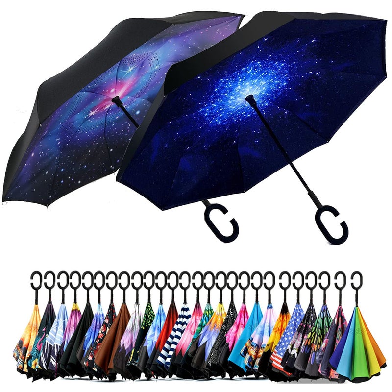 SIEPASA 49/56 Inch Inverted Reverse Upside Down Umbrella, Extra Large Double Canopy Vented Windproof Waterproof Stick Golf Umbrellas with C-shape Handle.(Galaxy & Starry,2 Pack, 49 Inch - Image 1
